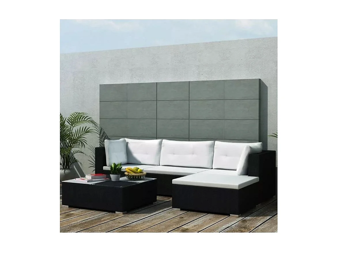 Salon de jardin 5 pièces résine tressée noir et coussins blanc Kim