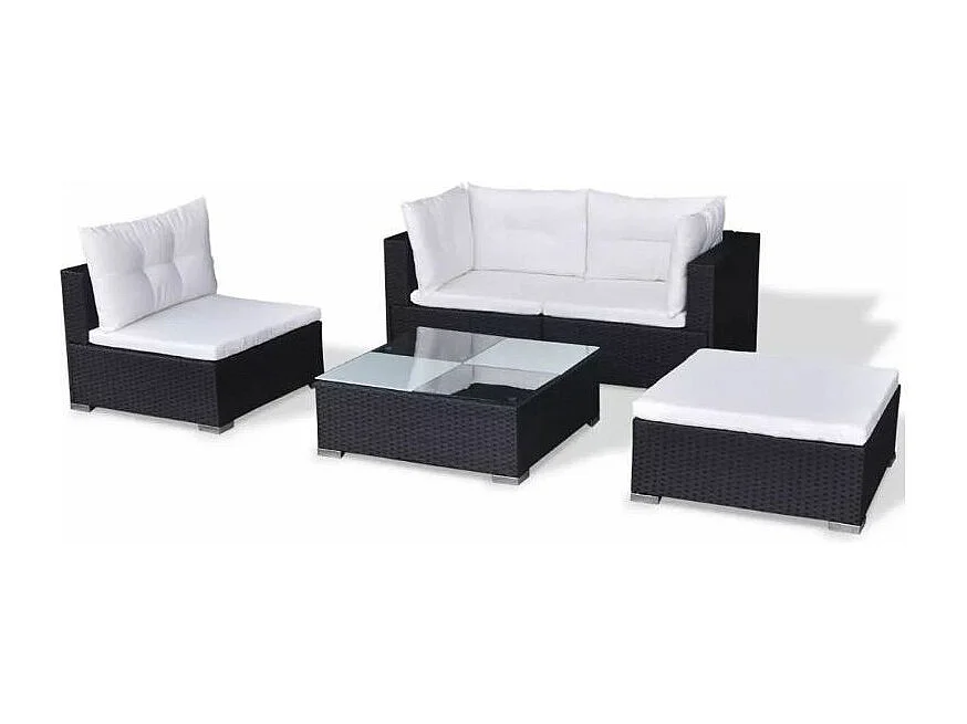 Salon de jardin 5 pièces résine tressée noir et coussins blanc Kim