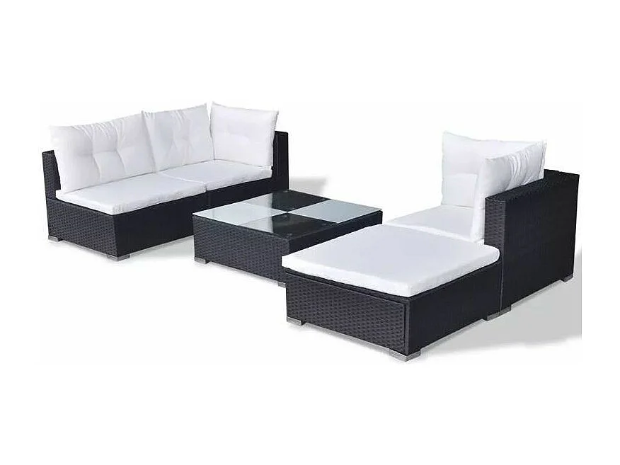 Salon de jardin 5 pièces résine tressée noir et coussins blanc Kim