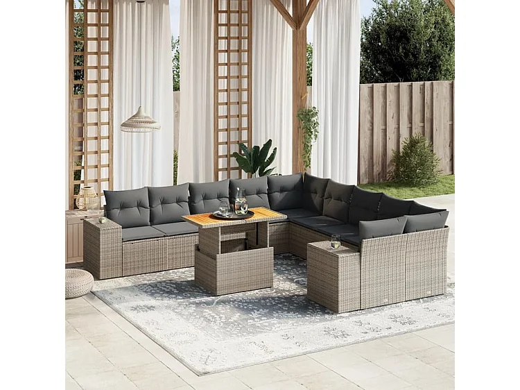 Salon de jardin 11 pcs avec coussins gris résine tressée