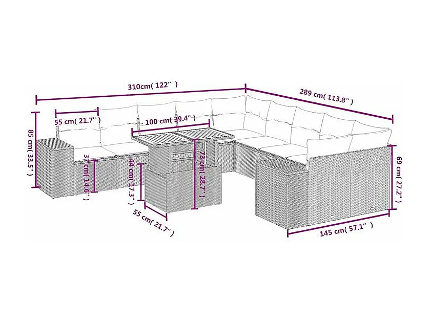 Salon de jardin 11 pcs avec coussins gris résine tressée