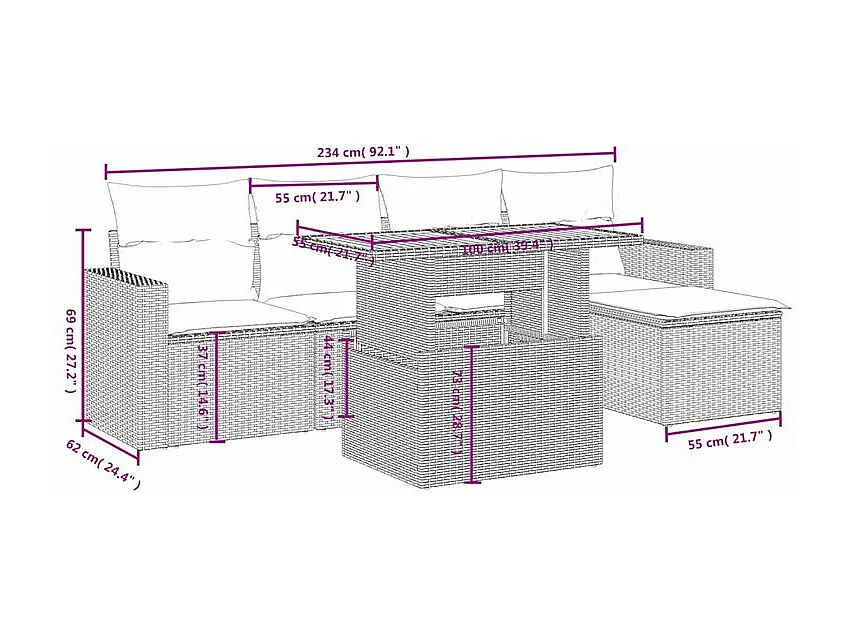 Salon de jardin 6 pcs avec coussins gris résine tressée