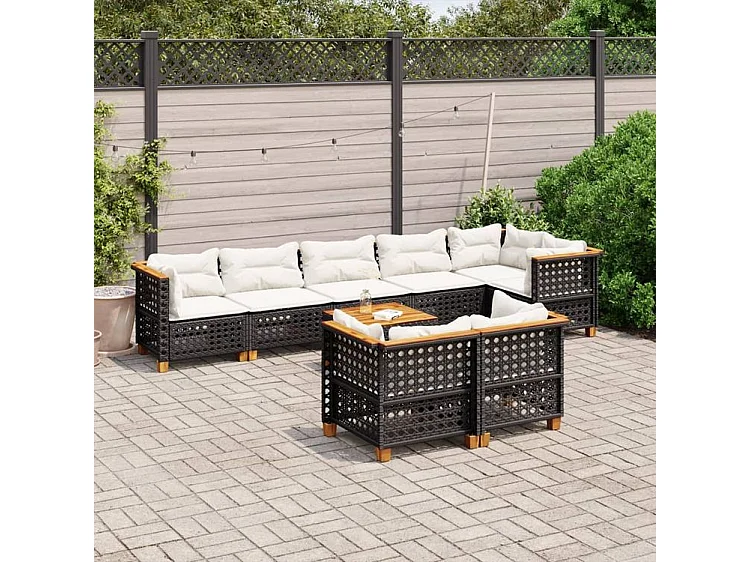 Salon de jardin 9 pcs avec coussins noir résine tressée