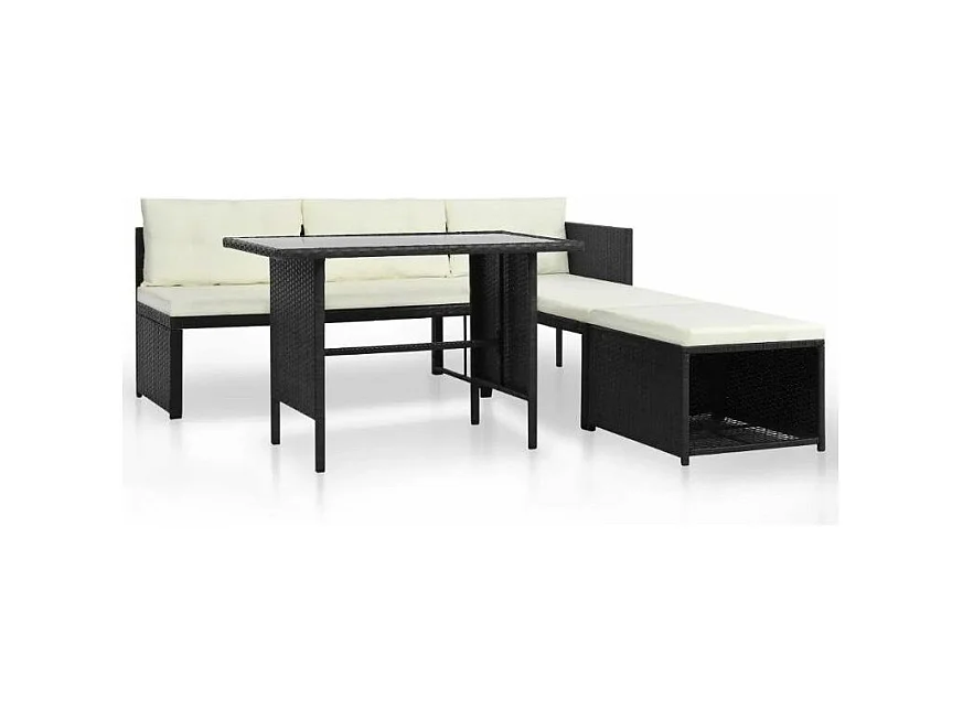 Salon de jardin 4 pièces résine tressée noir coussins blanc Kesaria