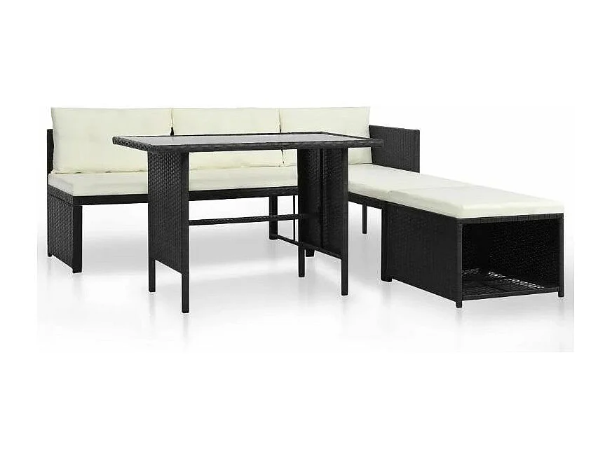 Salon de jardin 4 pièces résine tressée noir coussins blanc Kesaria