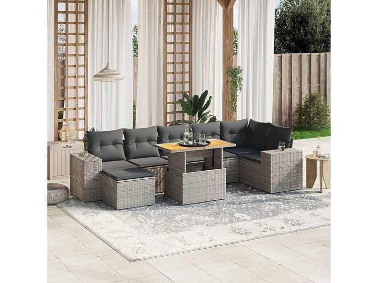 Salon de jardin 8 pcs avec coussins gris résine tressée
