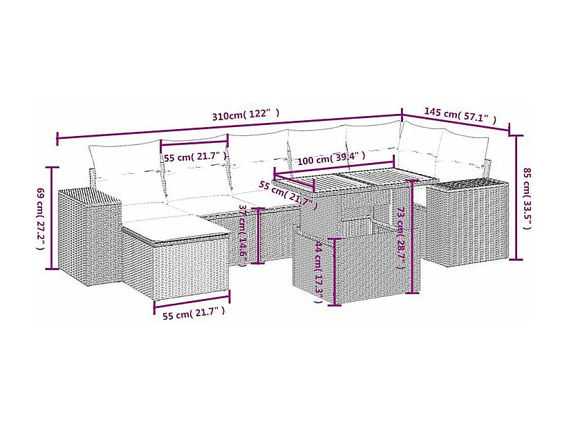 Salon de jardin 8 pcs avec coussins gris résine tressée