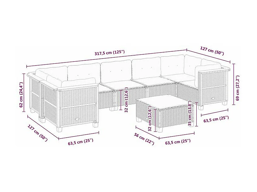 Salon de jardin 8 pcs avec coussins gris résine tressée