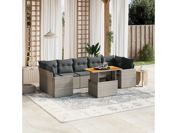 Salon de jardin 8 pcs avec coussins gris résine tressée