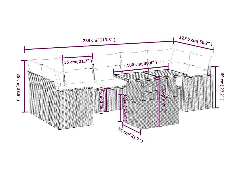 Salon de jardin 8 pcs avec coussins gris résine tressée