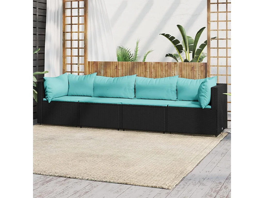 Salon de jardin 4 pcs avec coussins Noir Résine tressée