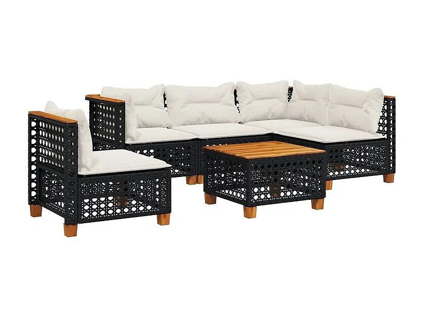 Salon de jardin 6 pcs avec coussins noir résine tressée