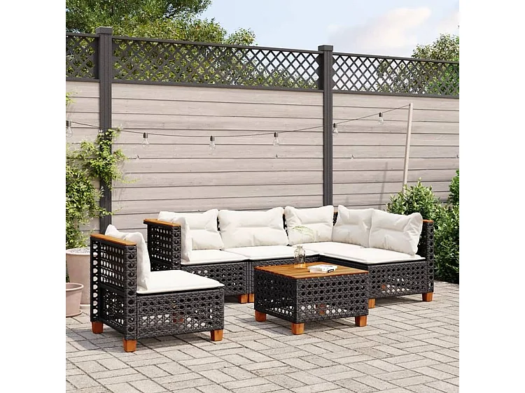 Salon de jardin 6 pcs avec coussins noir résine tressée