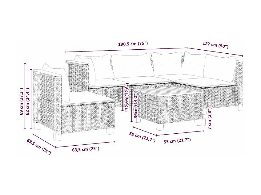 Salon de jardin 6 pcs avec coussins noir résine tressée