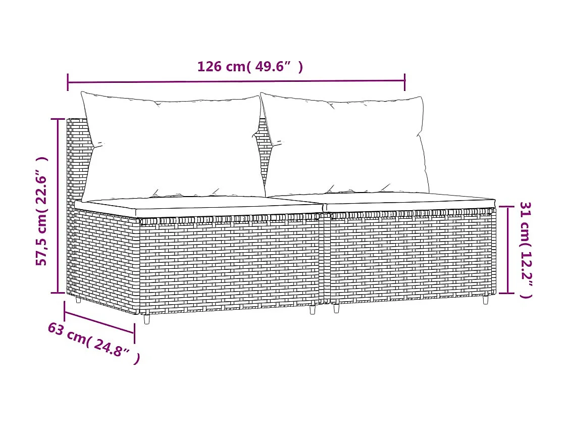 Canapés centraux de jardin et coussins 2pcs Noir Résine tressée
