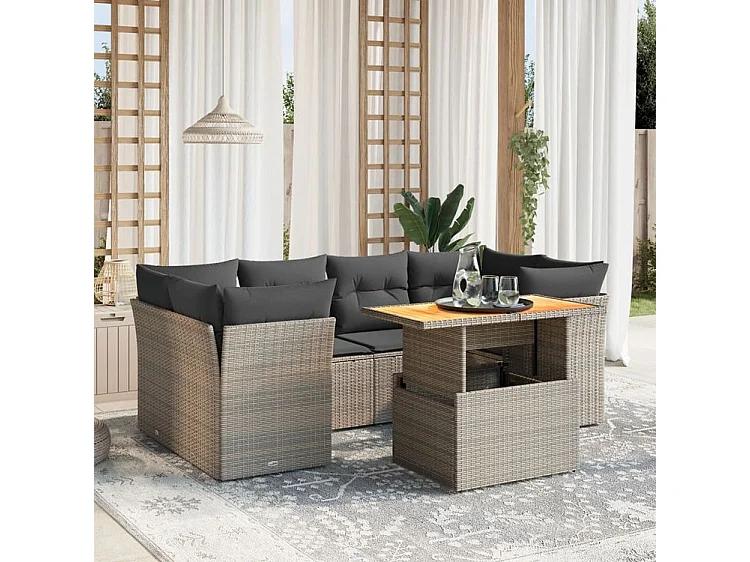 Salon de jardin avec coussins 7 pcs gris résine tressée