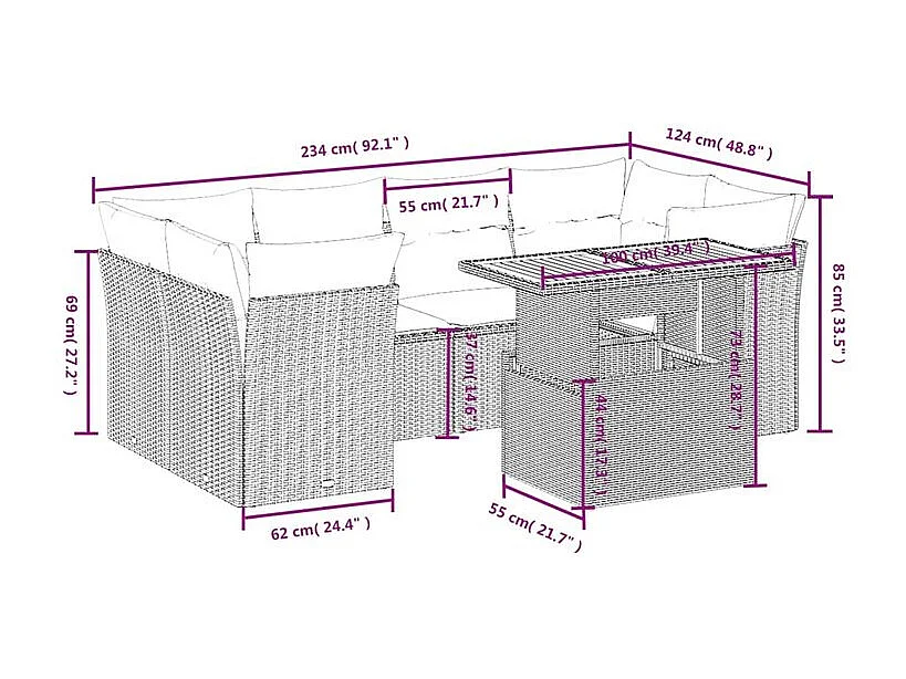 Salon de jardin avec coussins 7 pcs gris résine tressée