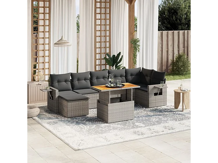 Salon de jardin 8 pcs avec coussins gris résine tressée