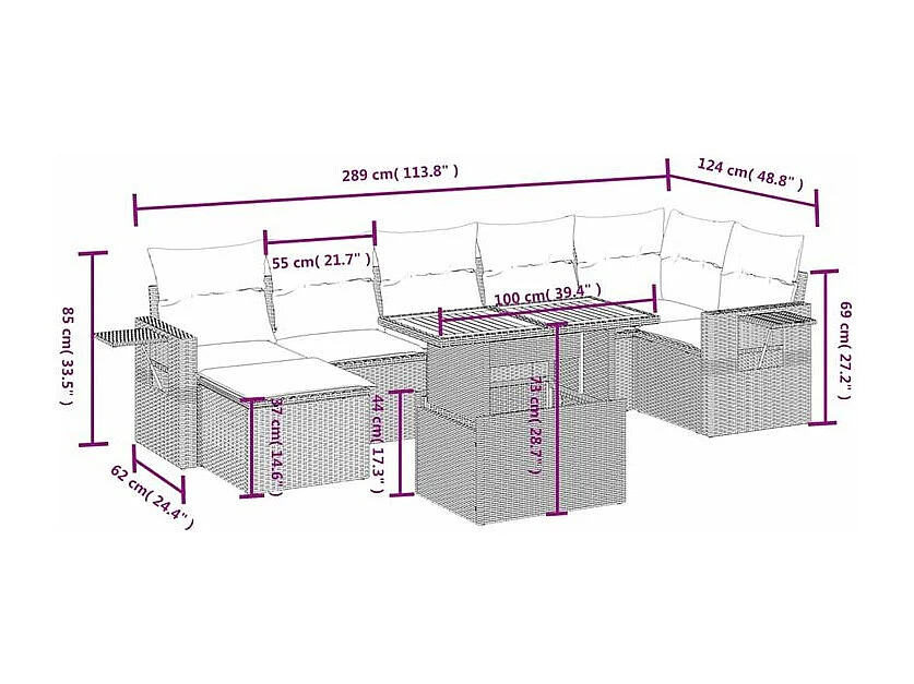 Salon de jardin 8 pcs avec coussins gris résine tressée