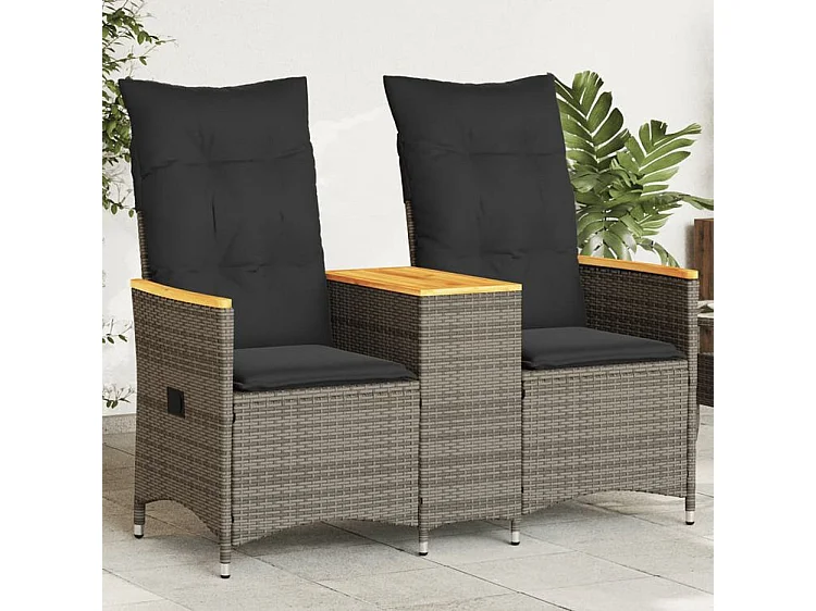 Canapé de jardin inclinable 2 places avec table gris poly rotin