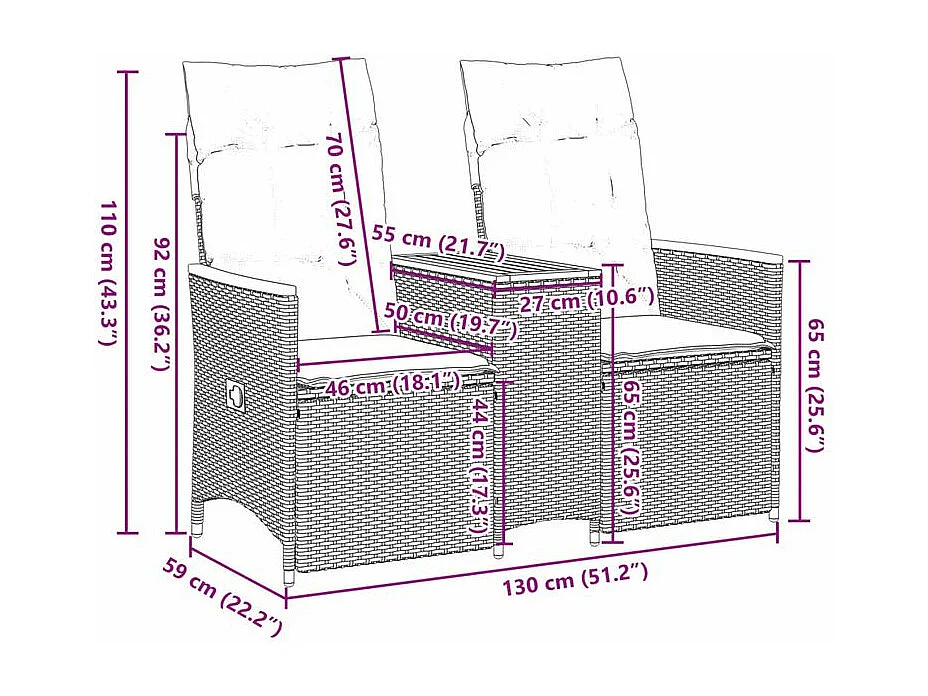 Canapé de jardin inclinable 2 places avec table gris poly rotin