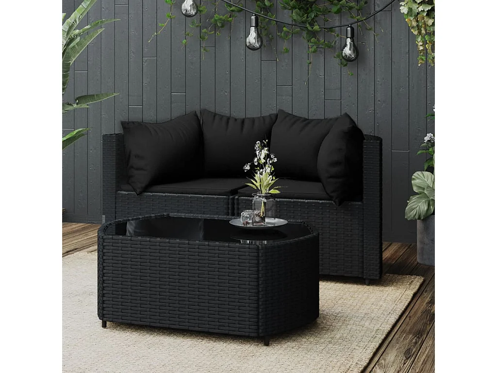 Salon de jardin 3 pcs avec coussins Noir Résine tressée