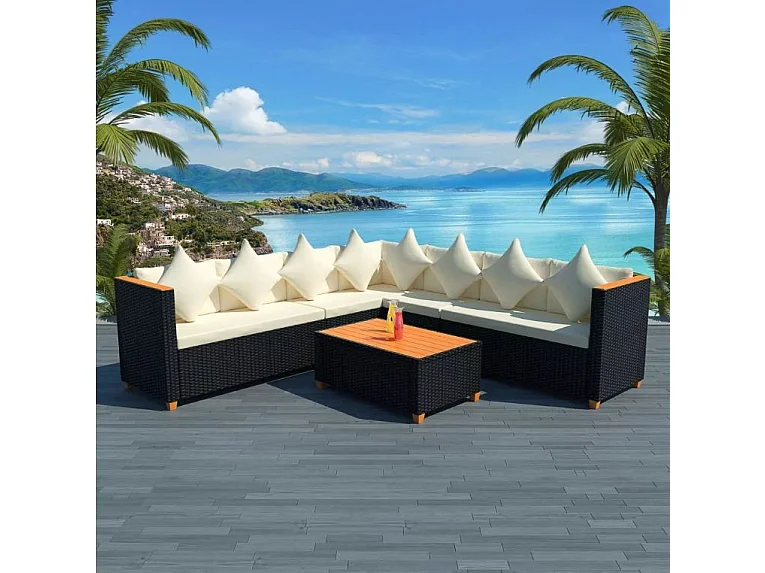 Salon de jardin 4 pièces résine tressée noir et coussins blanc Kimberly 2