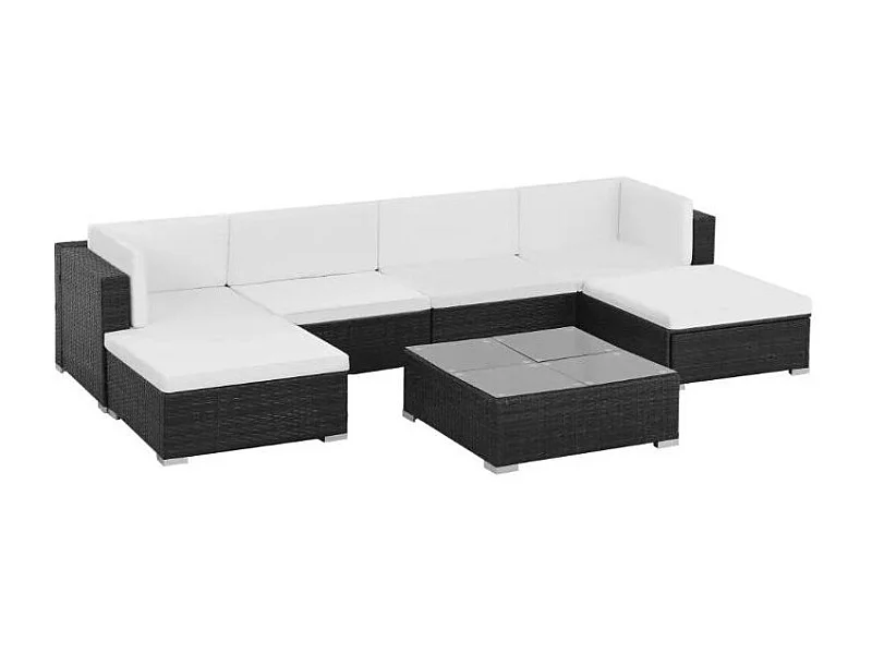 Salon de jardin 7 pièces résine tressée noir et coussins blanc Blanca