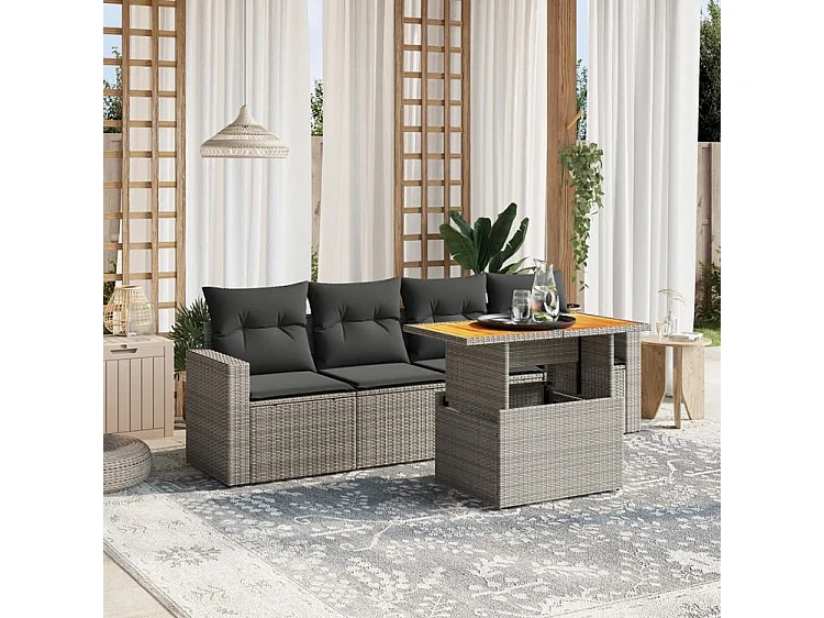 Salon de jardin 5 pcs avec coussins gris résine tressée