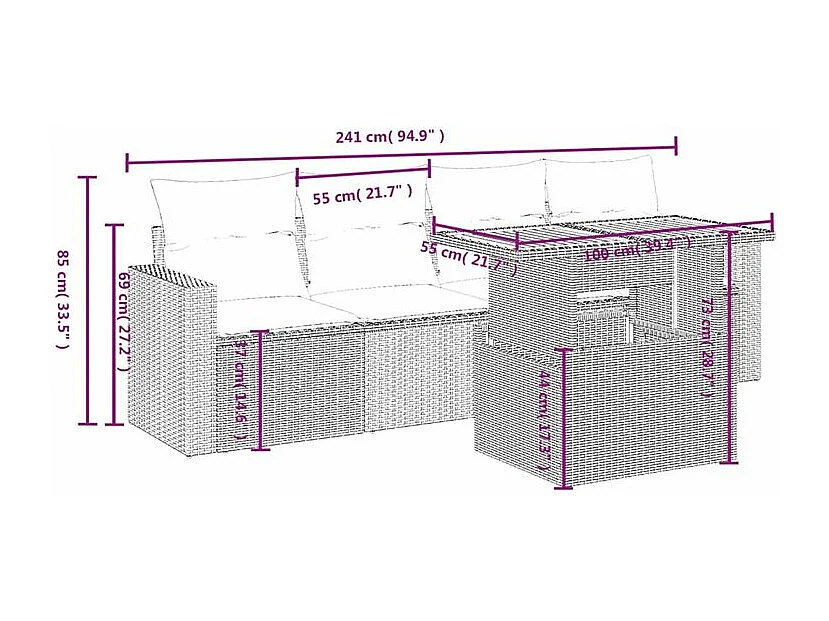 Salon de jardin 5 pcs avec coussins gris résine tressée
