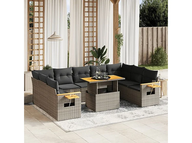 Salon de jardin avec coussins 10 pcs gris résine tressée
