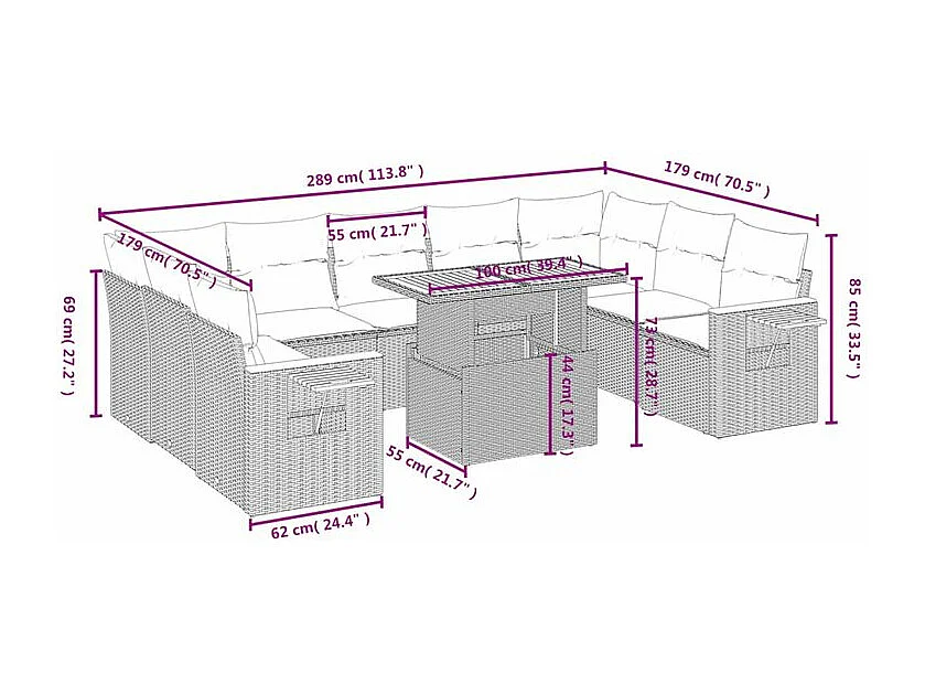 Salon de jardin avec coussins 10 pcs gris résine tressée
