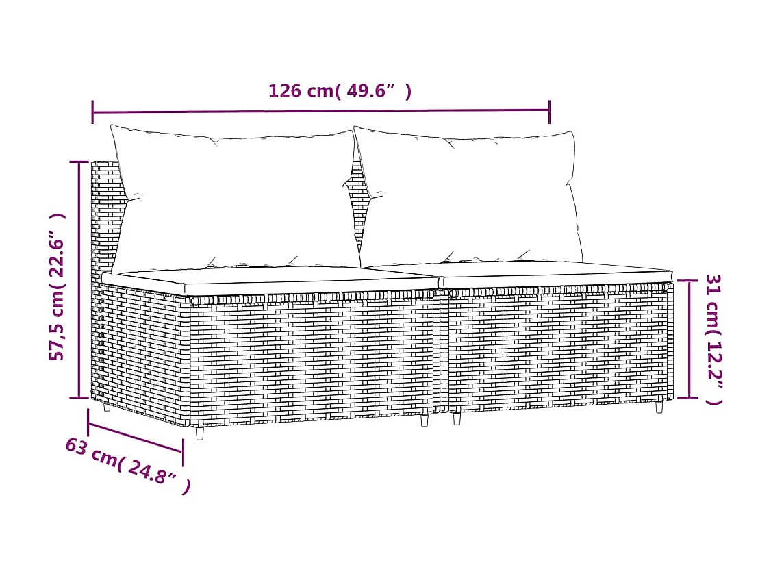 Canapés centraux de jardin et coussins 2pcs Gris Résine tressée