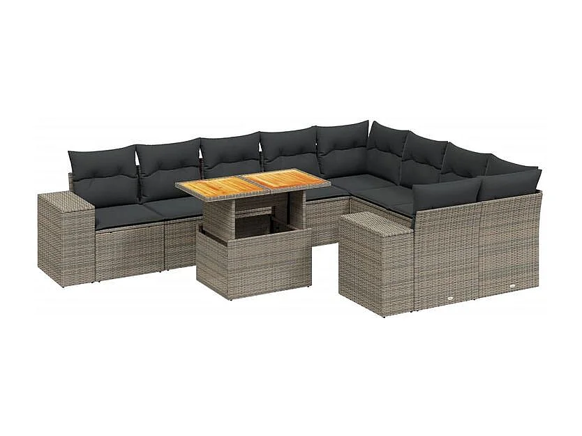 Salon de jardin avec coussins 10 pcs gris résine tressée