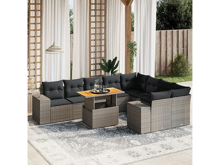 Salon de jardin avec coussins 10 pcs gris résine tressée