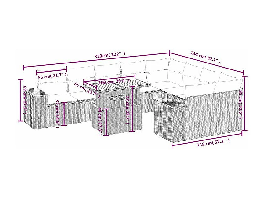 Salon de jardin avec coussins 10 pcs gris résine tressée