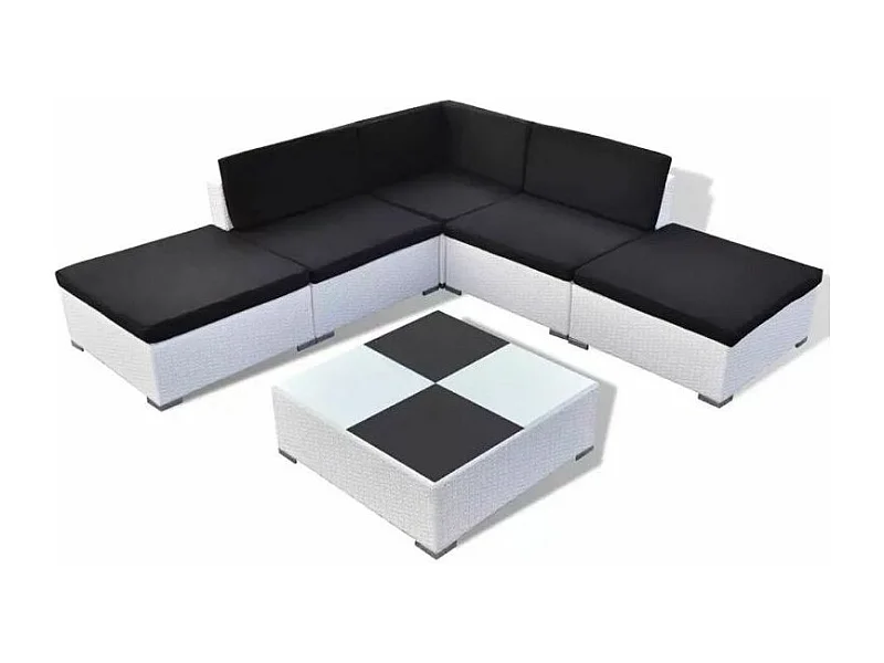 Salon de jardin 6 pièces résine tressée blanc coussins noir Kim