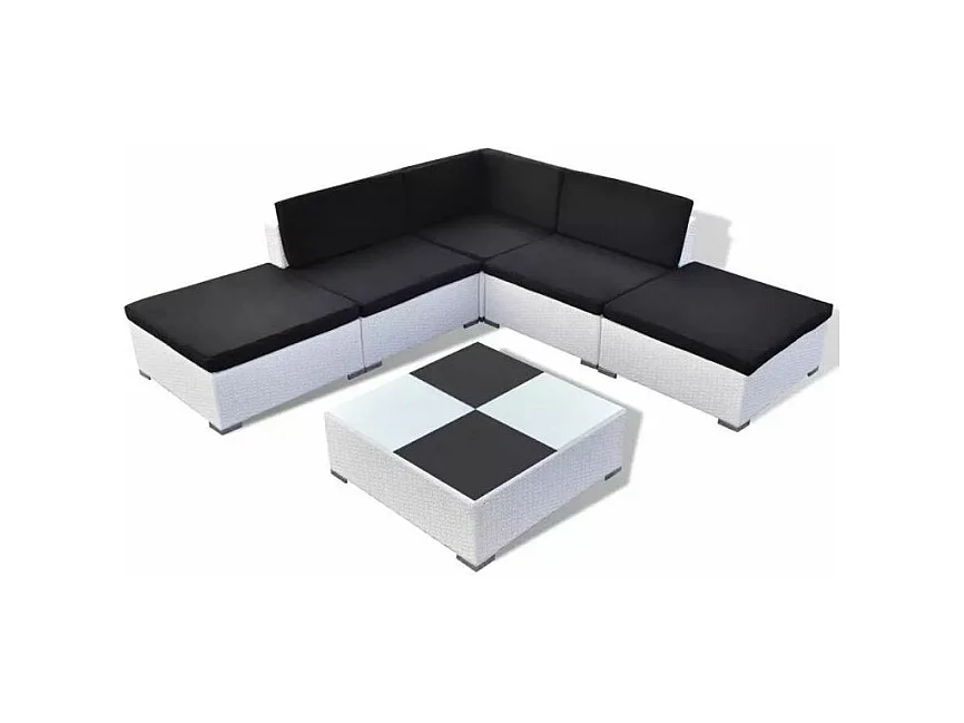 Salon de jardin 6 pièces résine tressée blanc coussins noir Kim