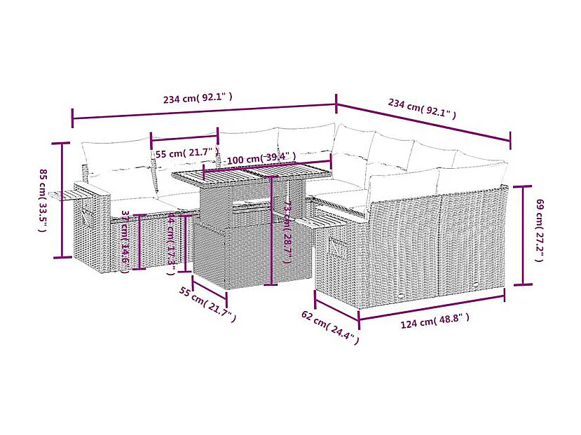 Salon de jardin 8 pcs avec coussins gris résine tressée