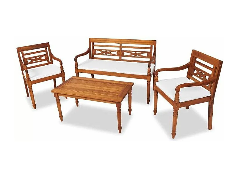 Salon de jardin Batavia teck massif foncé avec coussins blanc Aqual