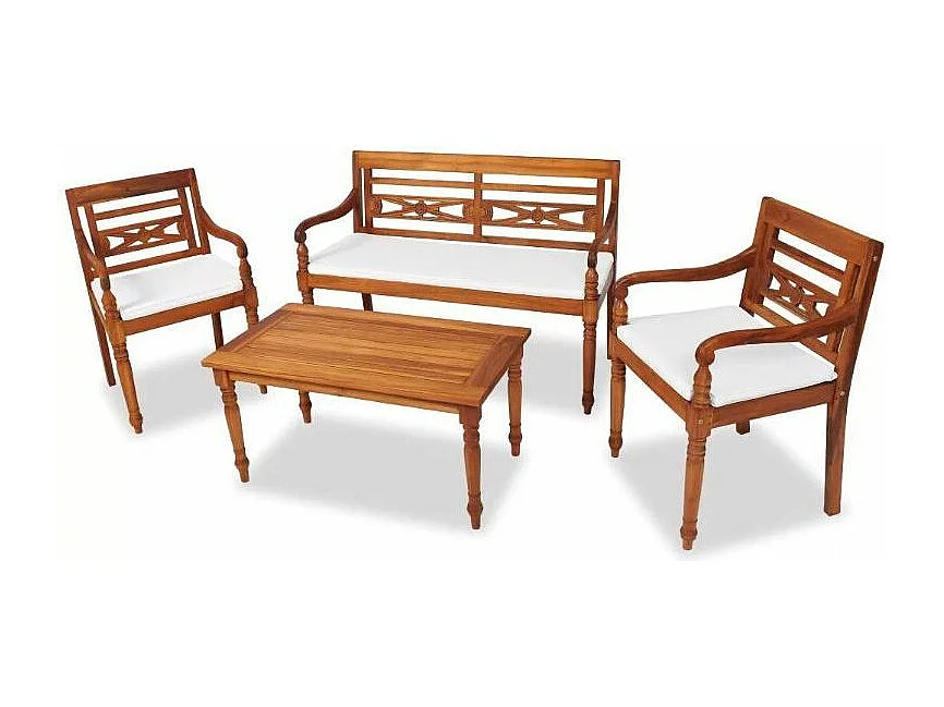 Salon de jardin Batavia teck massif foncé avec coussins blanc Aqual