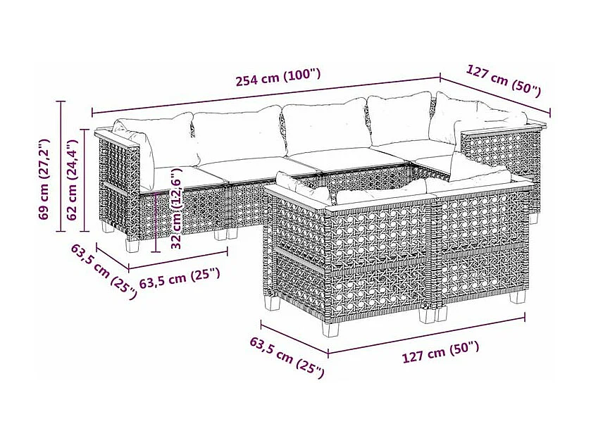 Salon de jardin 7 pcs avec coussins noir résine tressée