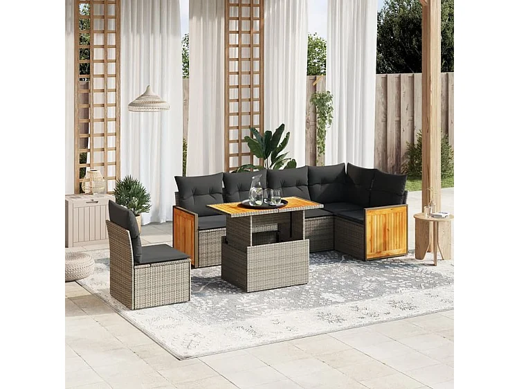 vidaXL Set de sofás de jardín 7 piezas con cojines ratán PE gris