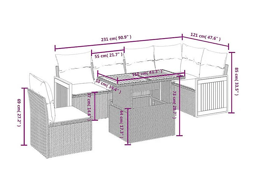 vidaXL Set de sofás de jardín 7 piezas con cojines ratán PE gris