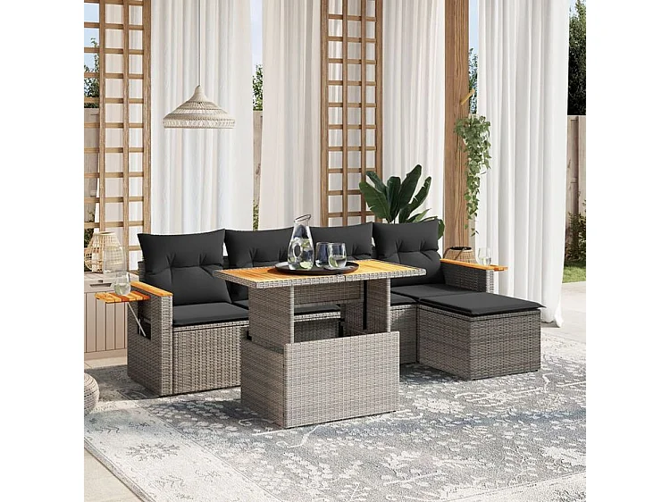 Salon de jardin 6 pcs avec coussins gris résine tressée