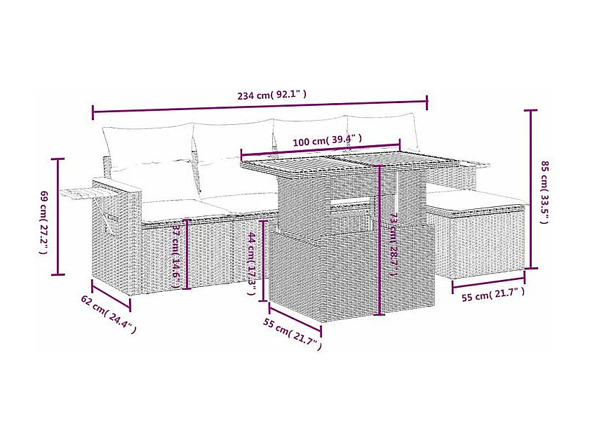 Salon de jardin 6 pcs avec coussins gris résine tressée