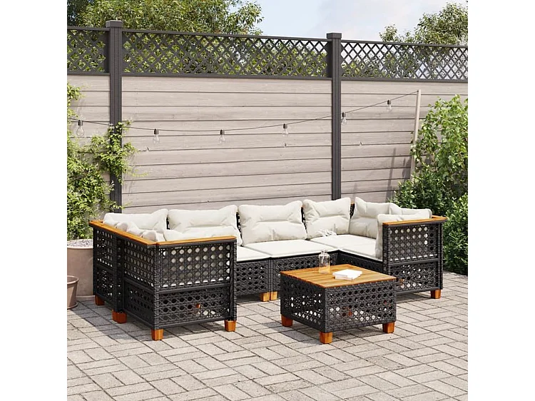 Salon de jardin 7 pcs avec coussins noir résine tressée