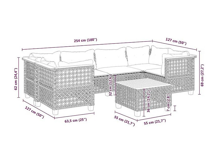Salon de jardin 7 pcs avec coussins noir résine tressée