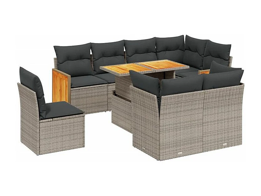 Salon de jardin 9 pcs avec coussins gris résine tressée