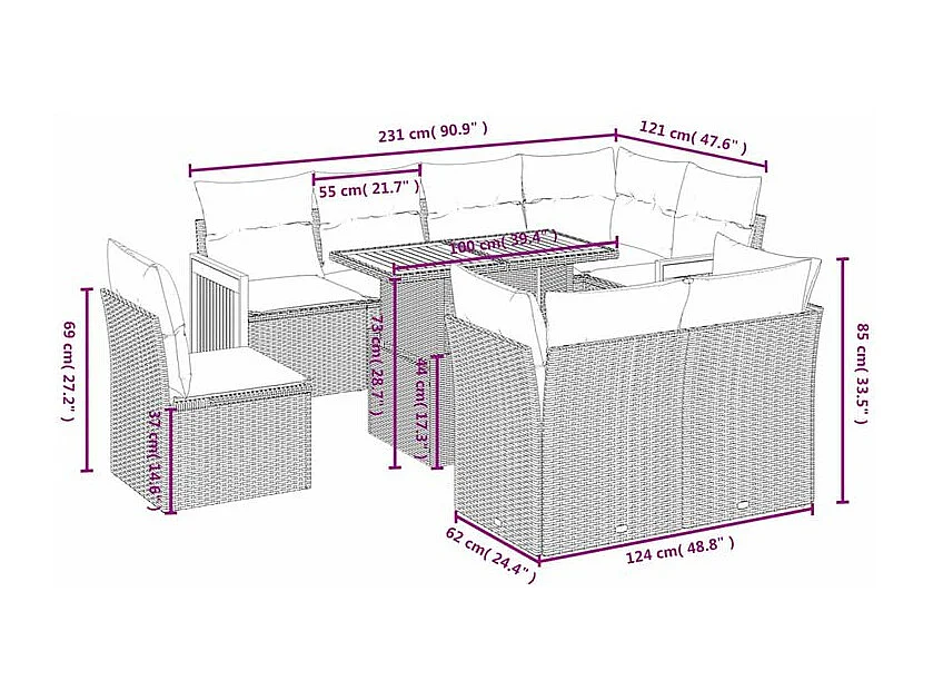 Salon de jardin 9 pcs avec coussins gris résine tressée